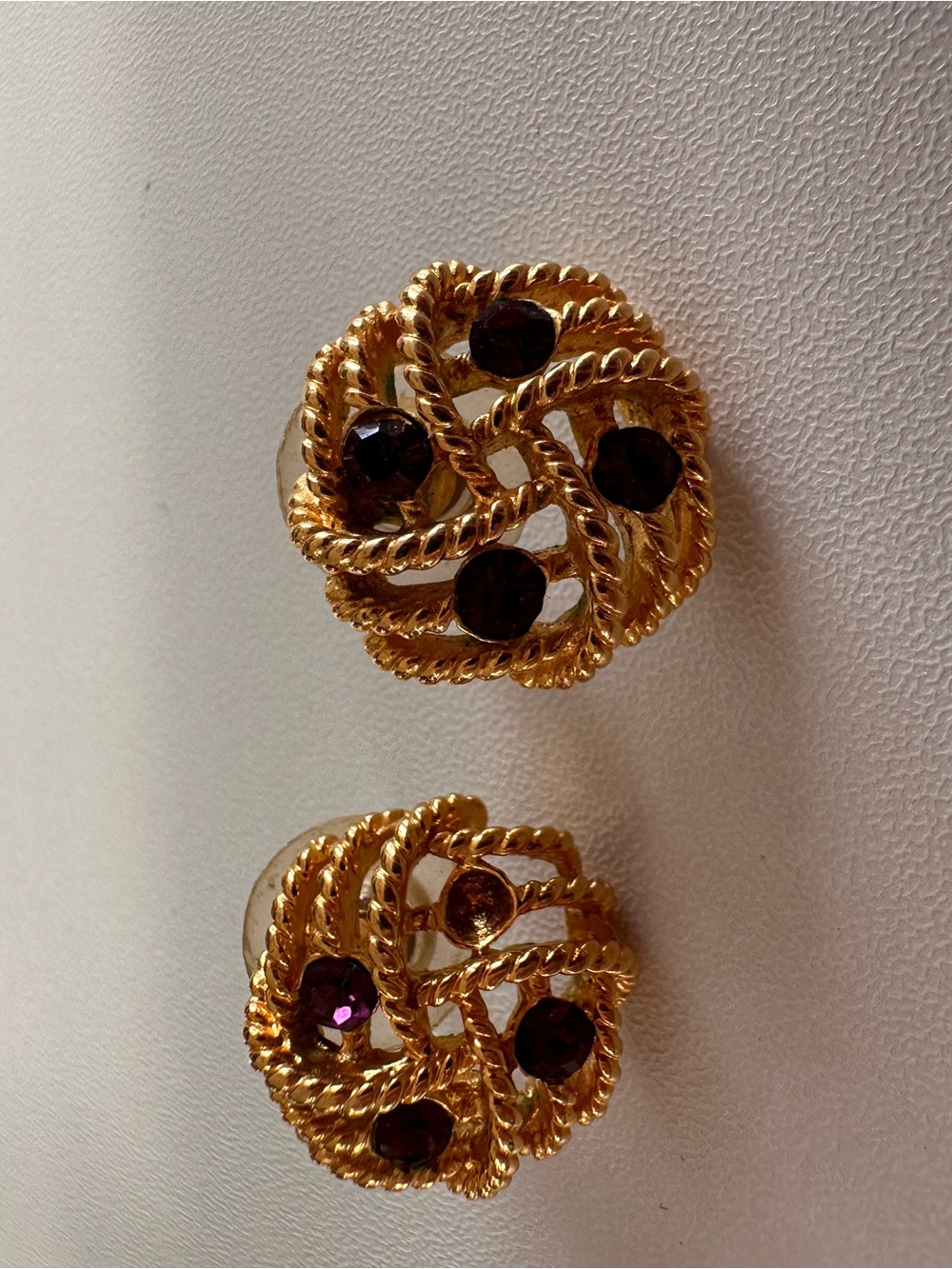 Gold Rope Knot Earrings with Purple Gem Accents